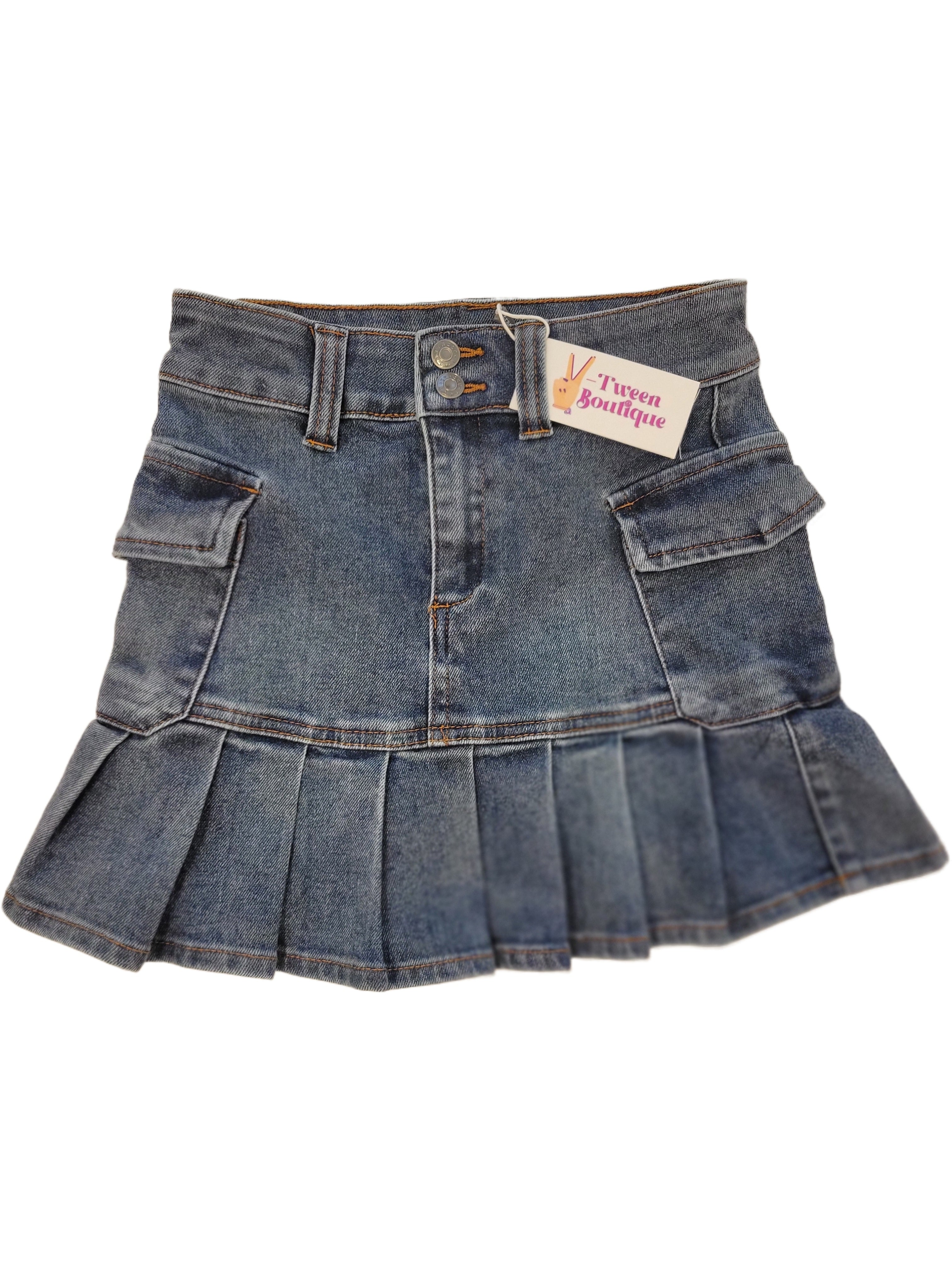 Tween Girl Short Cargo Denim Skirt with Ruffles