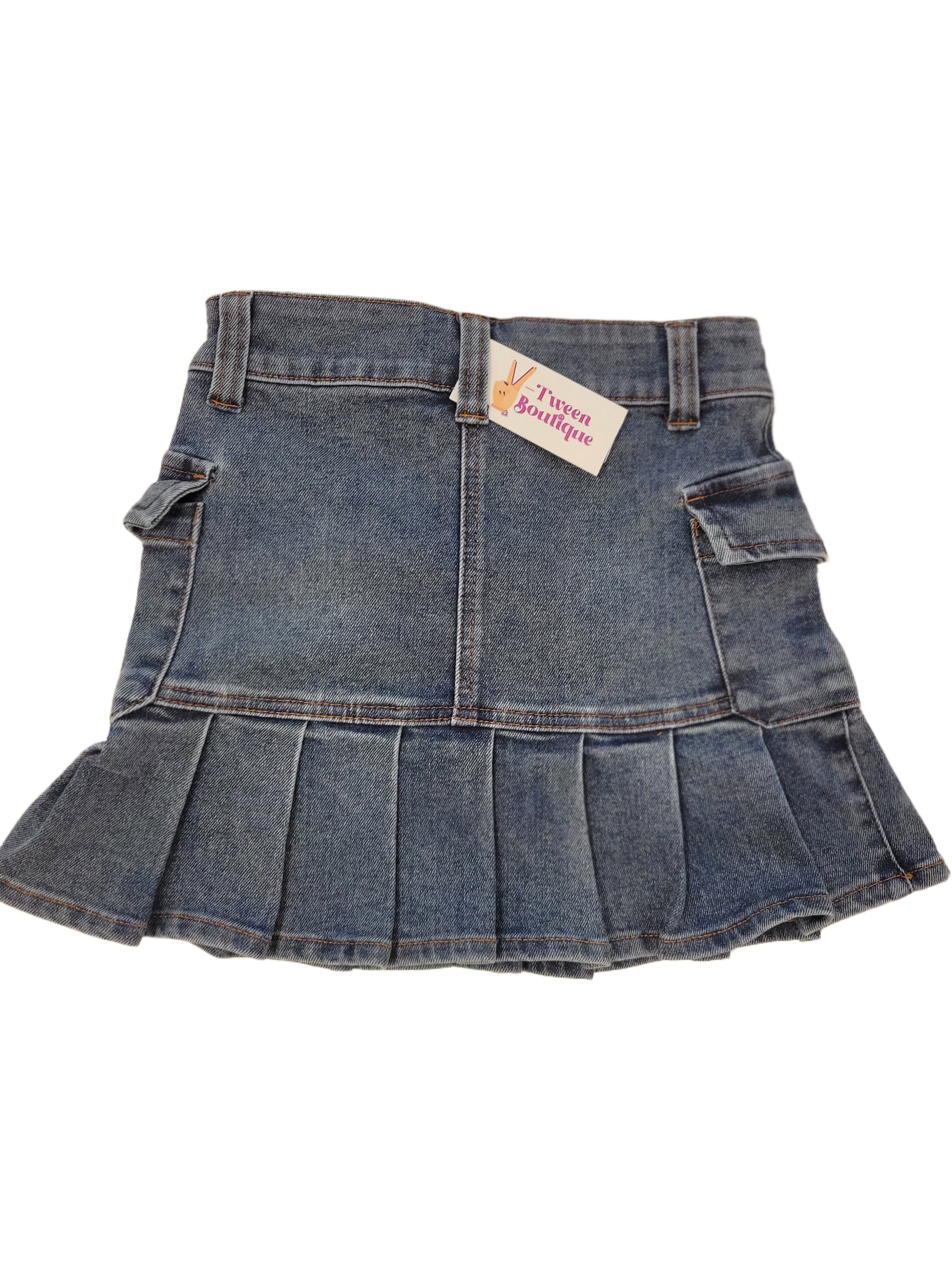 Tween Girl Short Cargo Denim Skirt with Ruffles