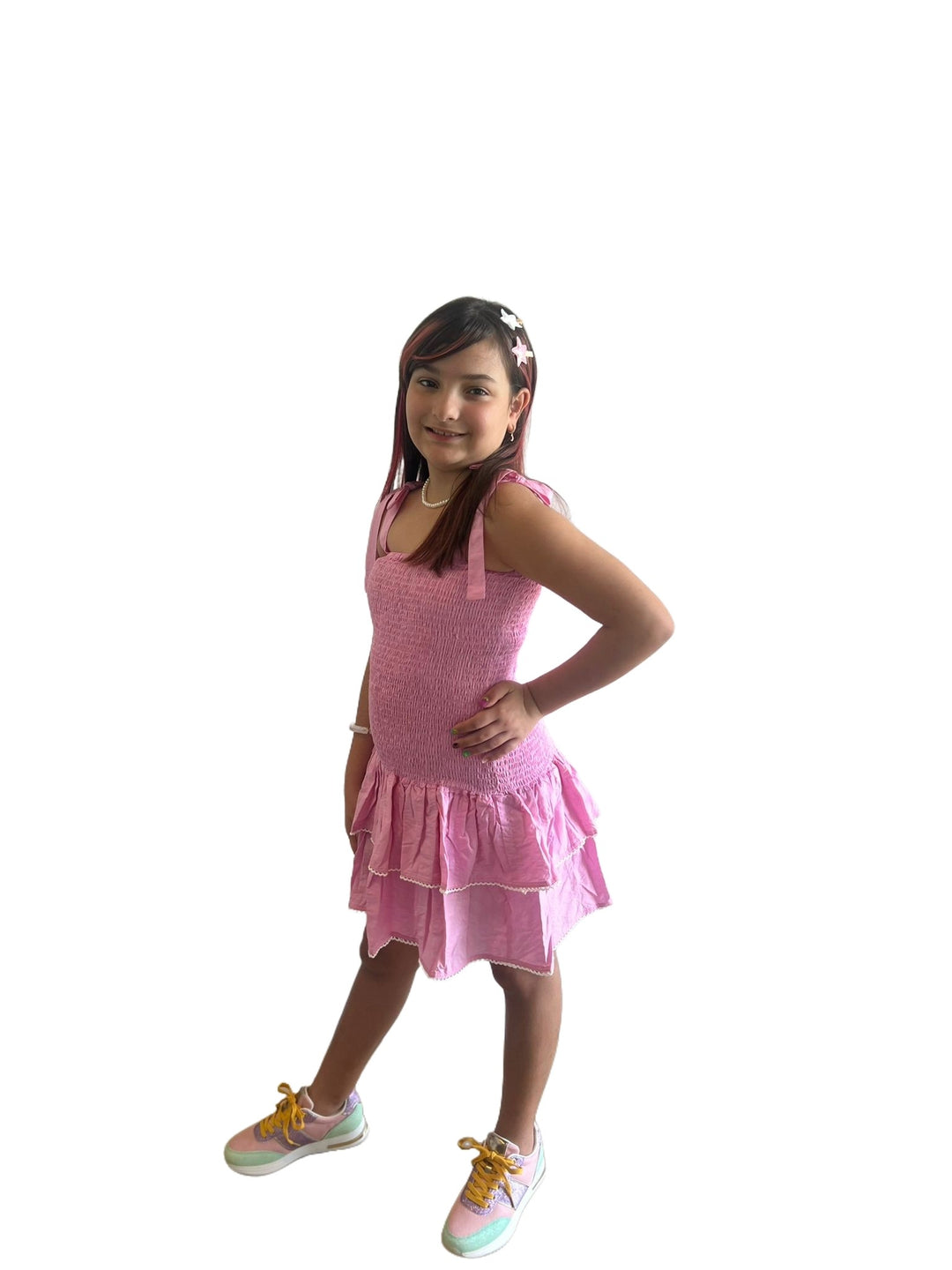 Tween Girl Pink Ruffle Dress with Draped Detail in Simple Style